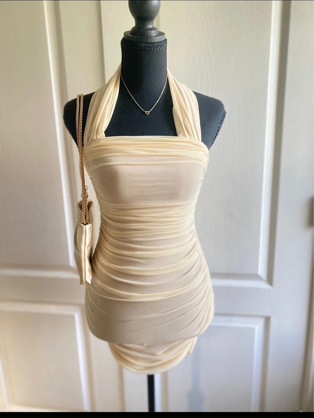 SHEIN Cream Halter Ruched Mini Dress